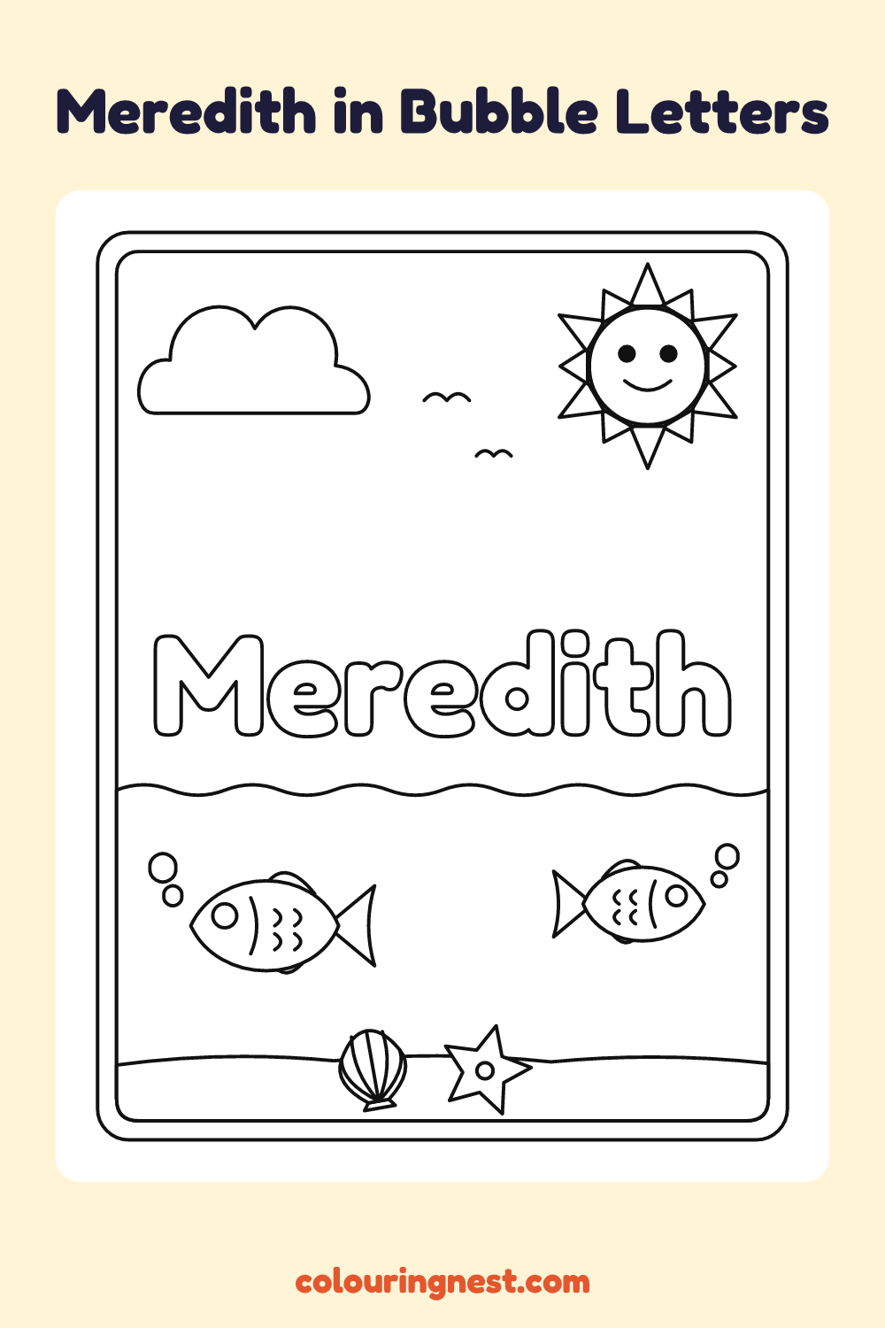 Meredith in Bubble Letters coloring page: free printable black-and-white line art