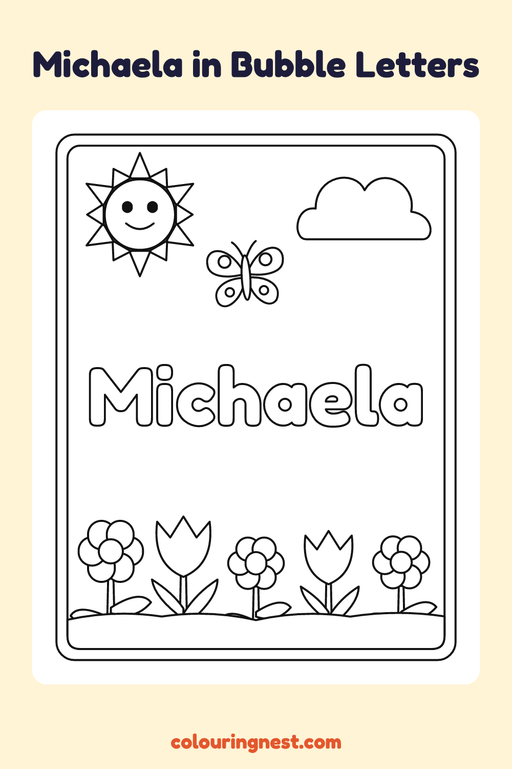 Michaela in Bubble Letters coloring page: free printable black-and-white line art