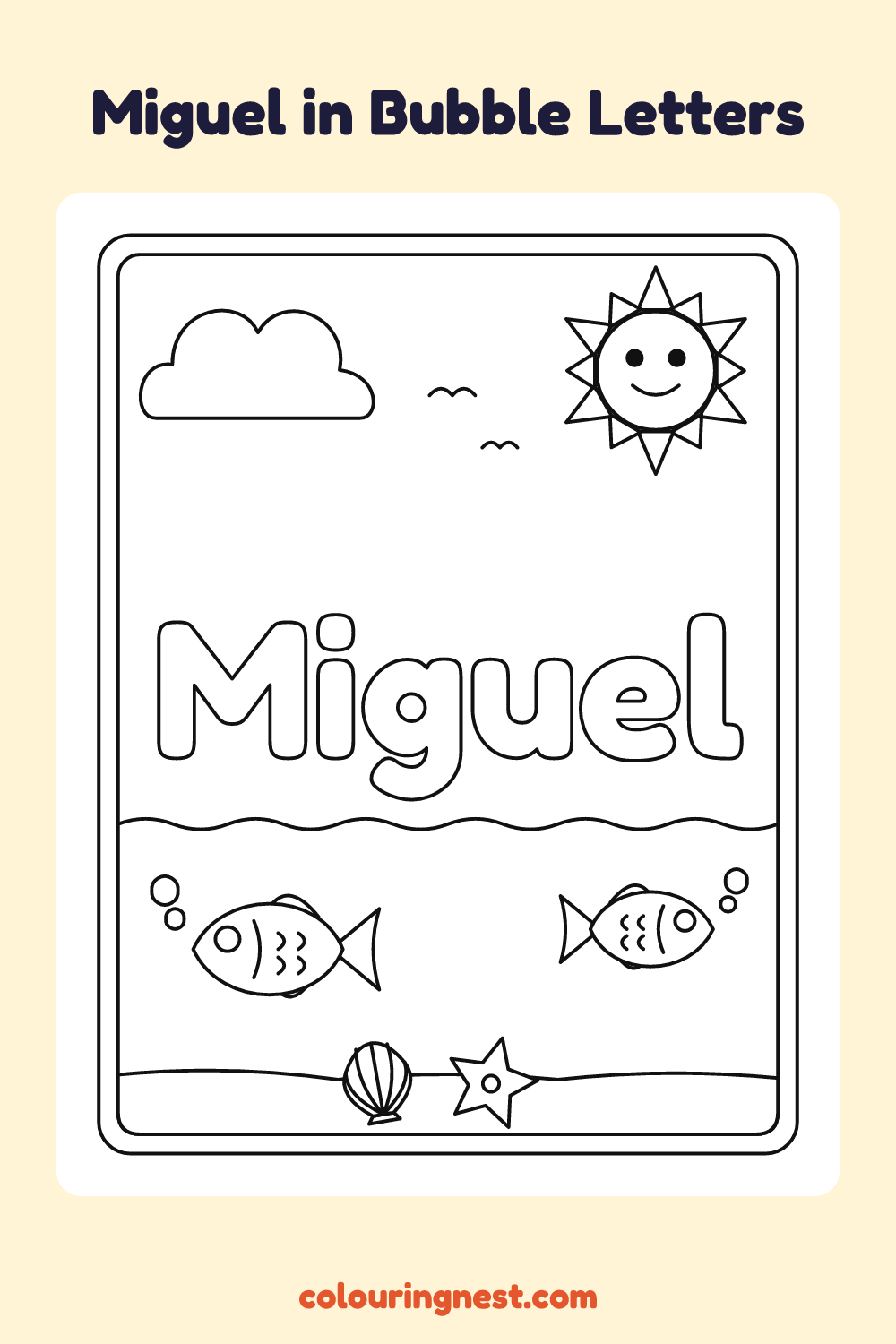 Miguel in Bubble Letters coloring page: free printable black-and-white line art
