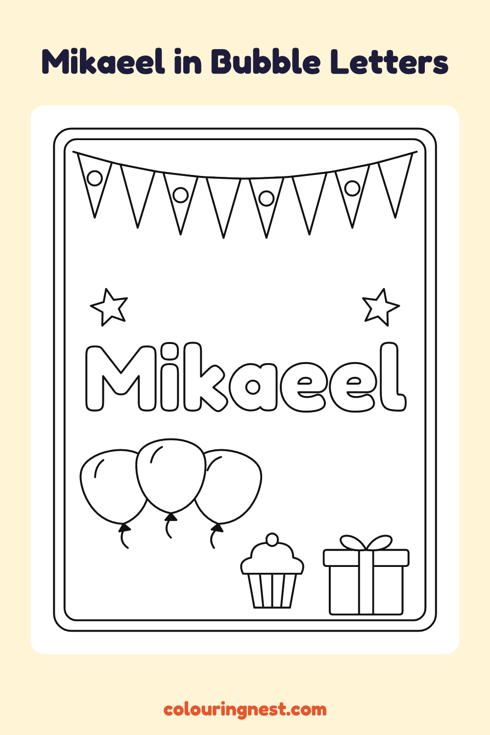 Mikaeel in Bubble Letters coloring page: free printable black-and-white line art