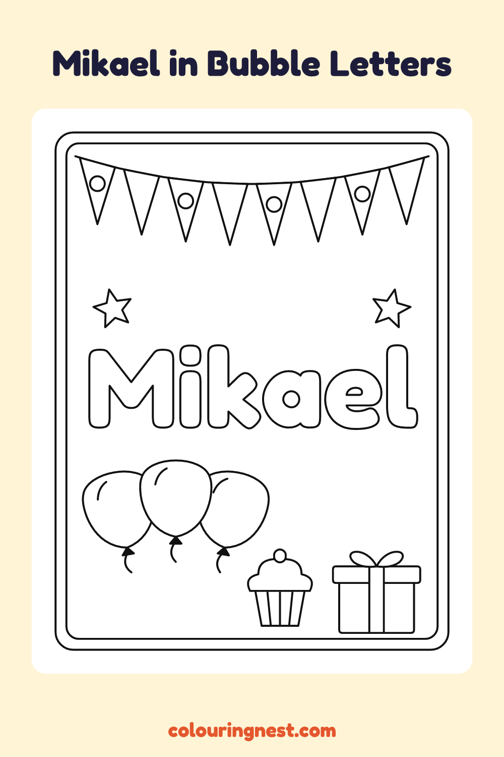 Mikael in Bubble Letters coloring page: free printable black-and-white line art