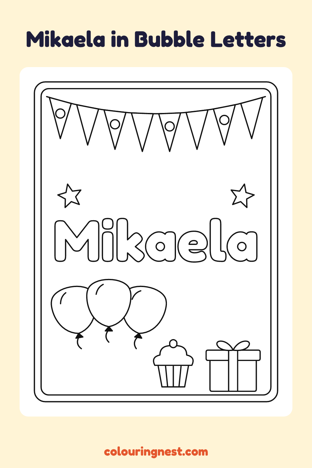 Mikaela in Bubble Letters coloring page: free printable black-and-white line art