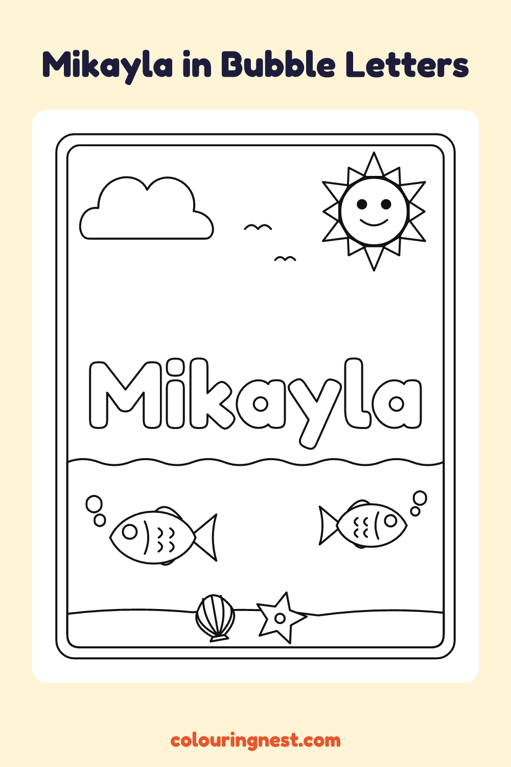 Mikayla in Bubble Letters coloring page: free printable black-and-white line art