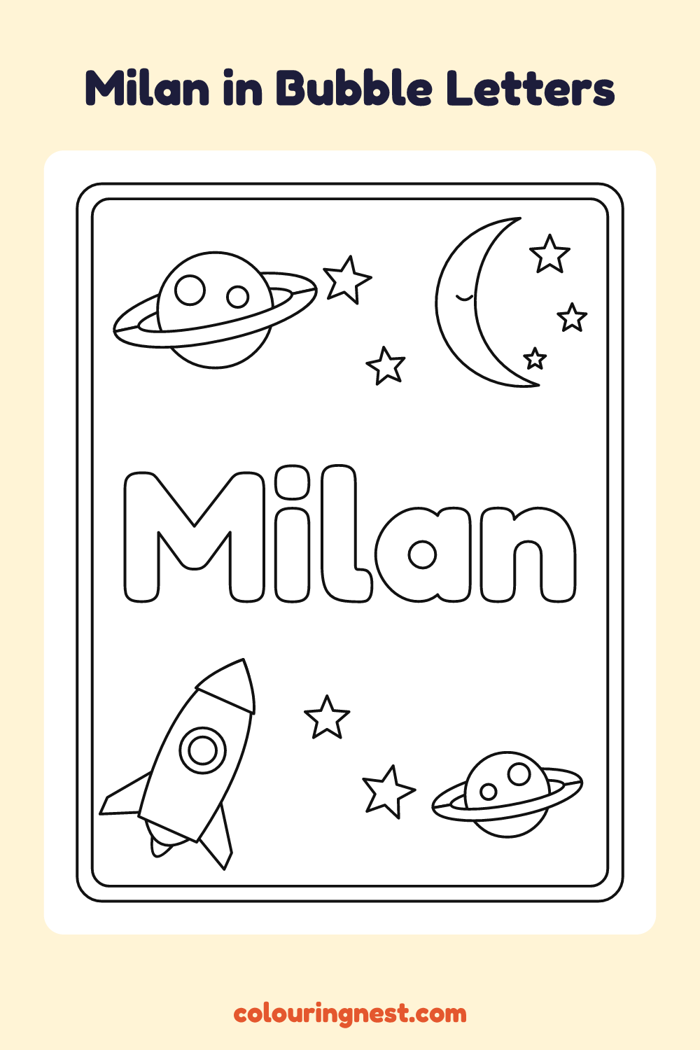Milan in Bubble Letters coloring page: free printable black-and-white line art