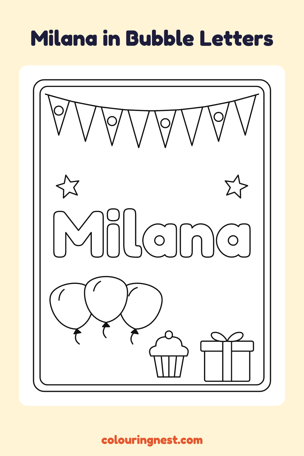 Milana in Bubble Letters coloring page: free printable black-and-white line art