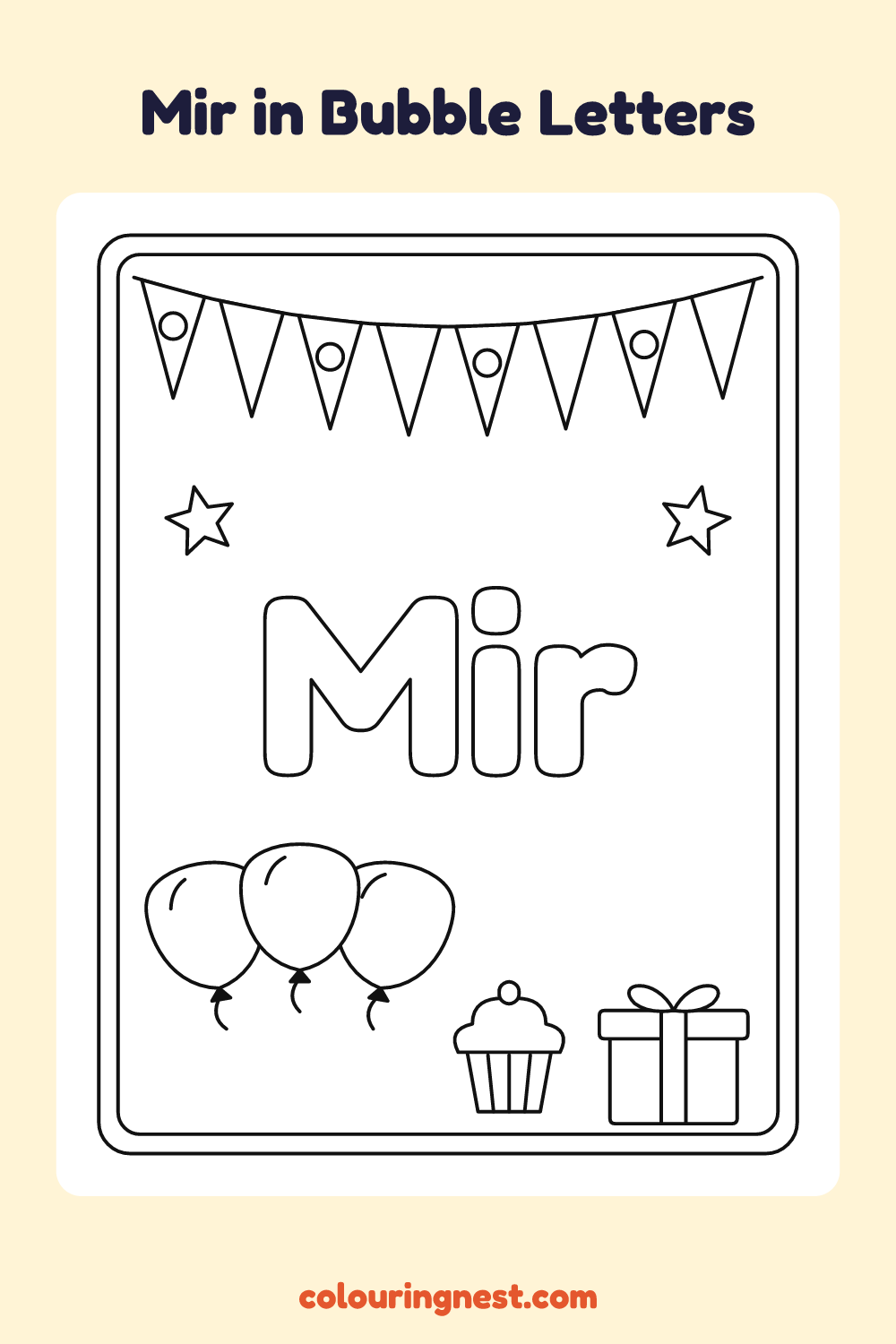 Mir in Bubble Letters coloring page: free printable black-and-white line art