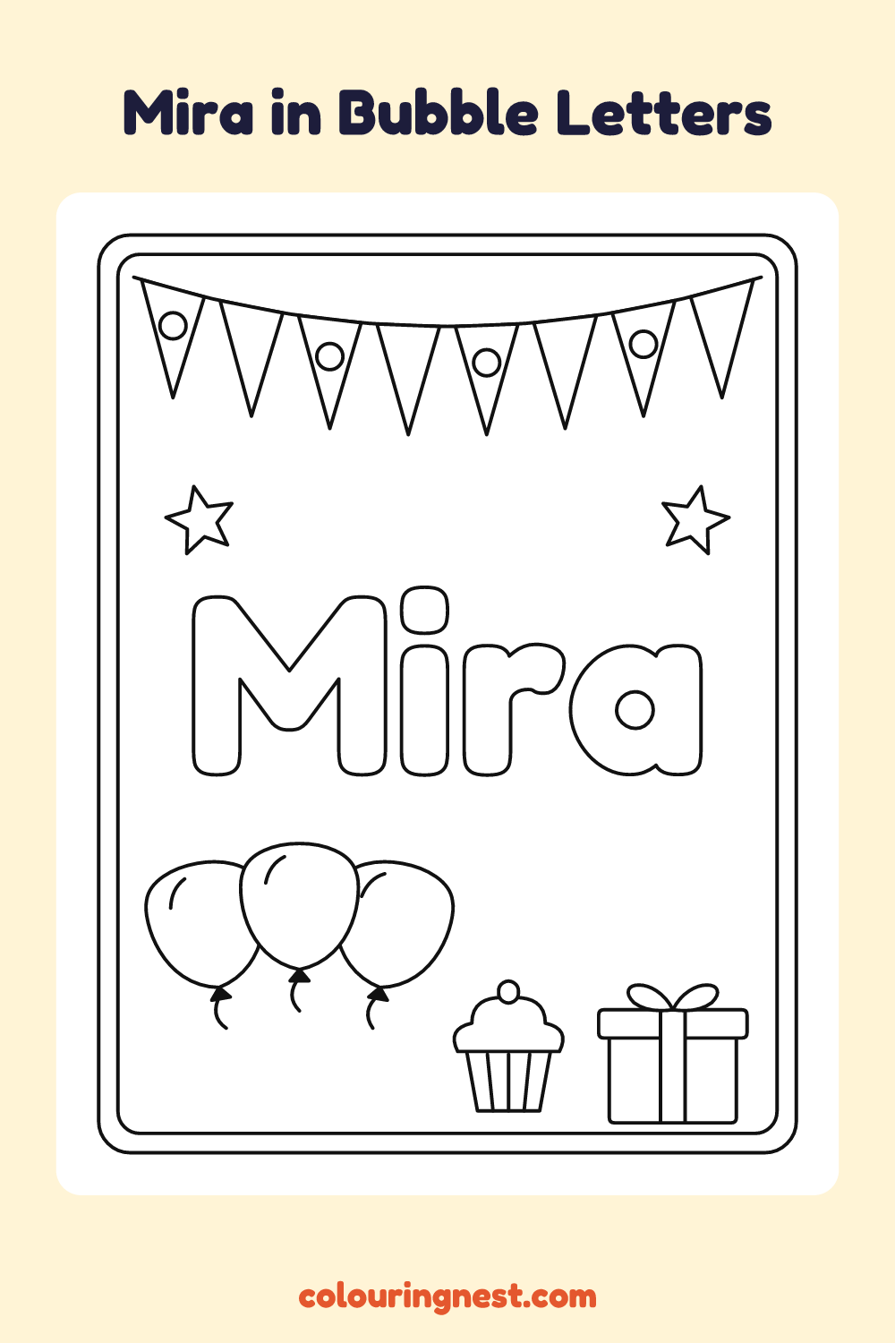 Mira in Bubble Letters coloring page: free printable black-and-white line art