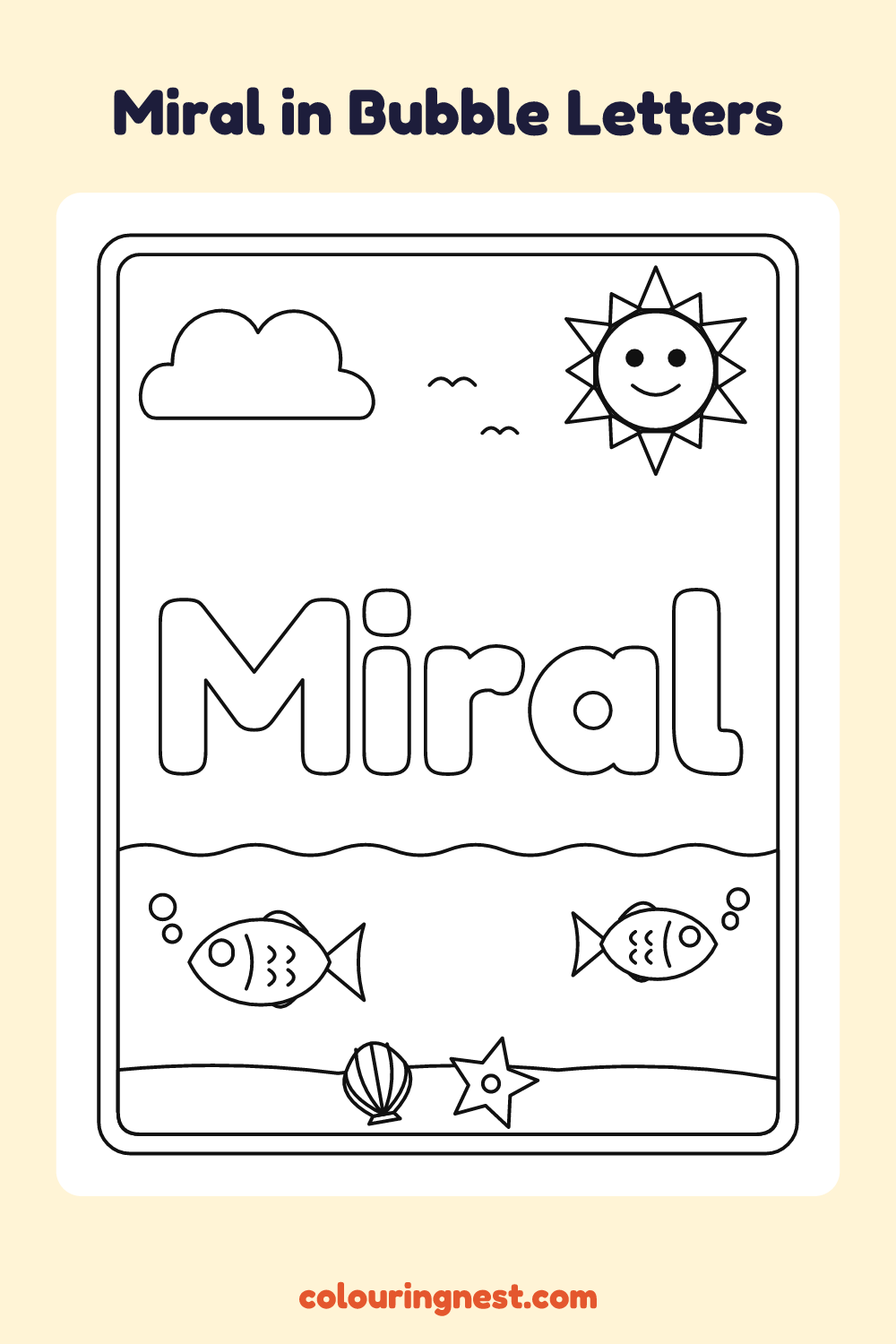 Miral in Bubble Letters coloring page: free printable black-and-white line art
