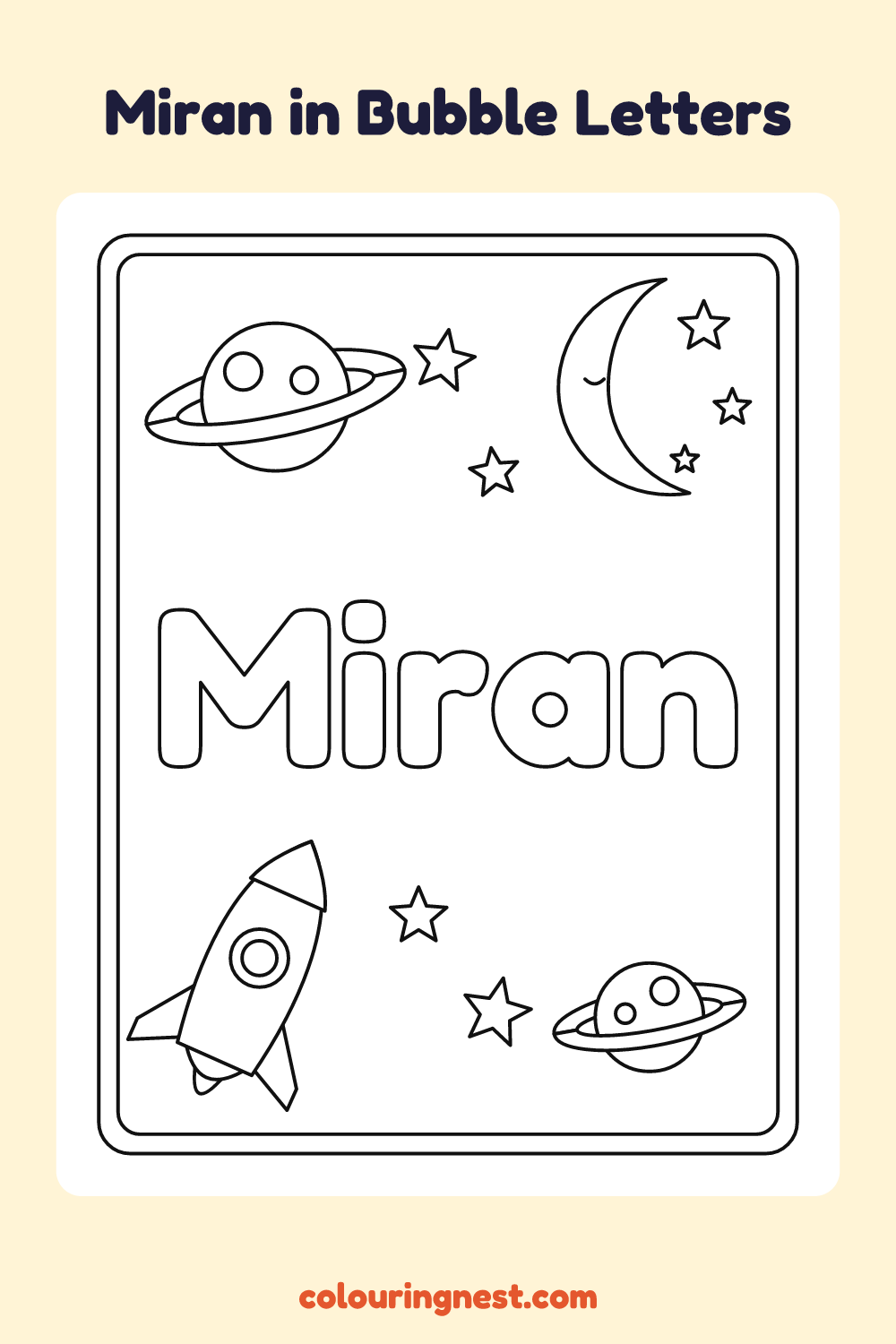 Miran in Bubble Letters coloring page: free printable black-and-white line art