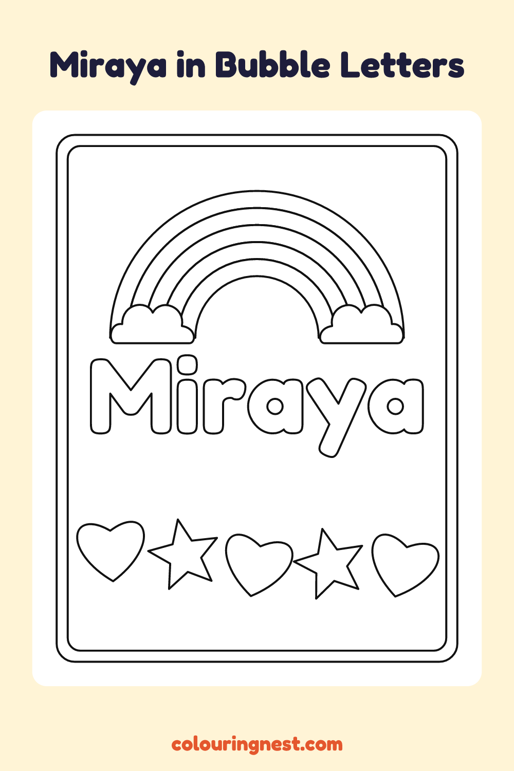 Miraya in Bubble Letters coloring page: free printable black-and-white line art