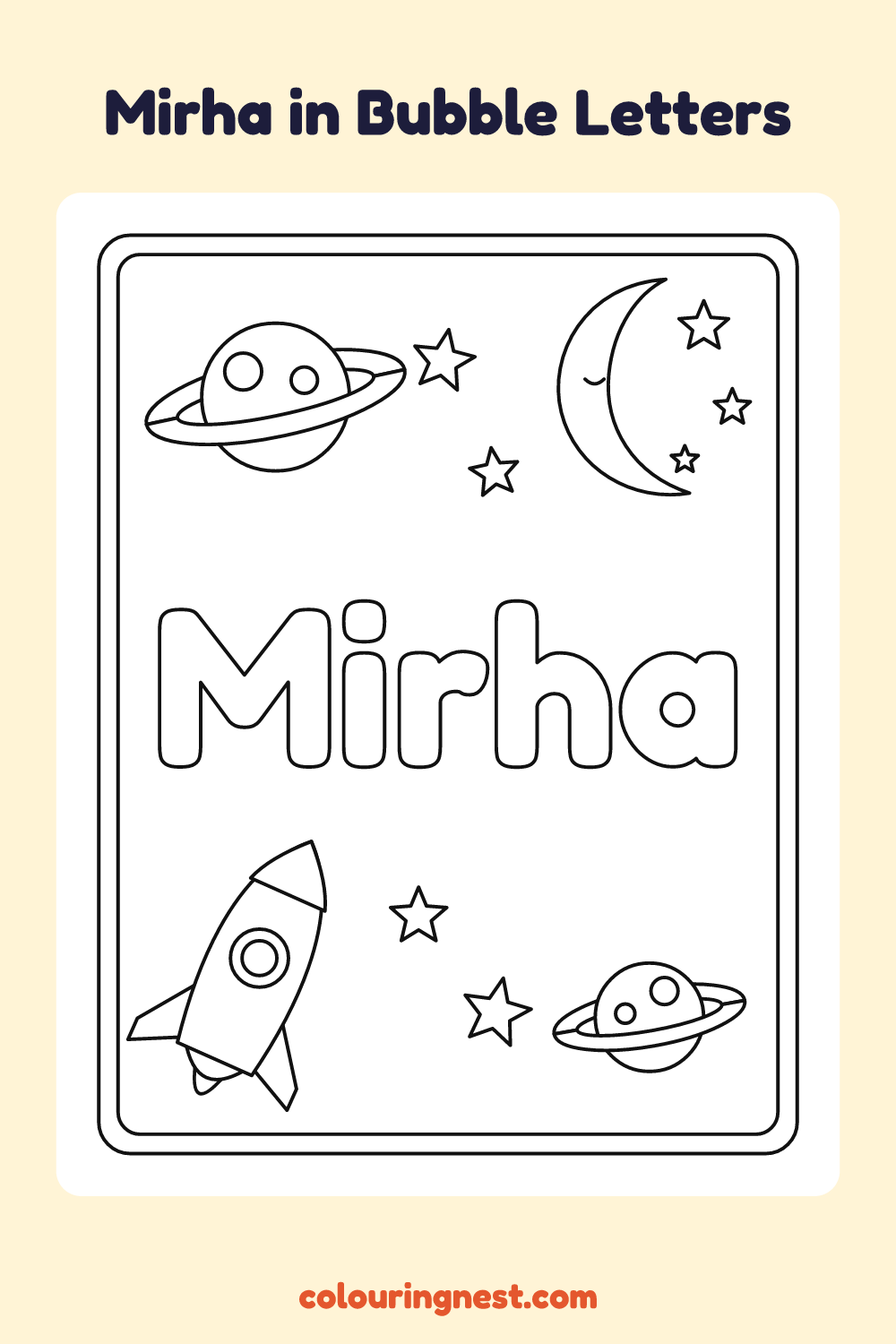 Mirha in Bubble Letters coloring page: free printable black-and-white line art