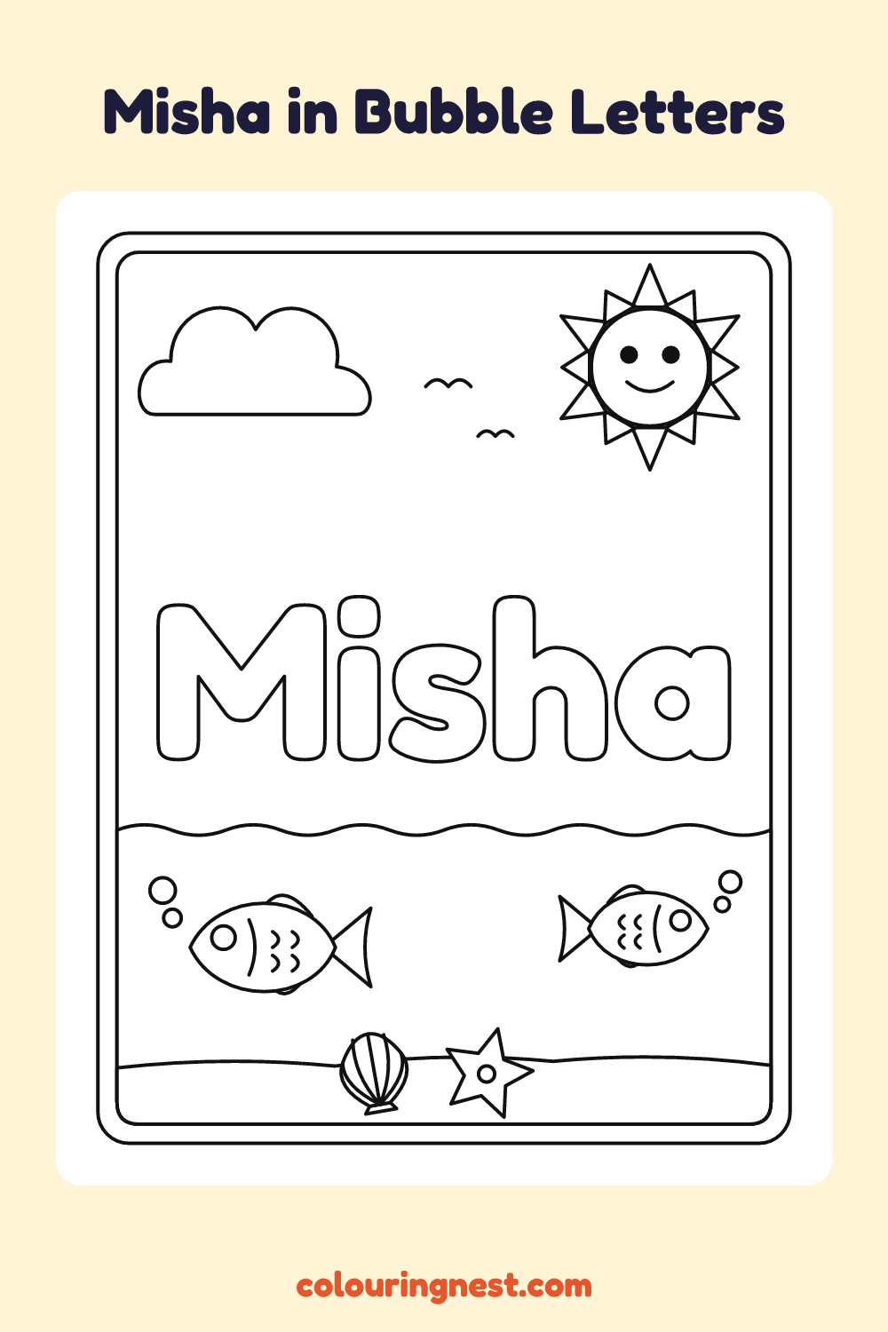 Misha in Bubble Letters coloring page: free printable black-and-white line art