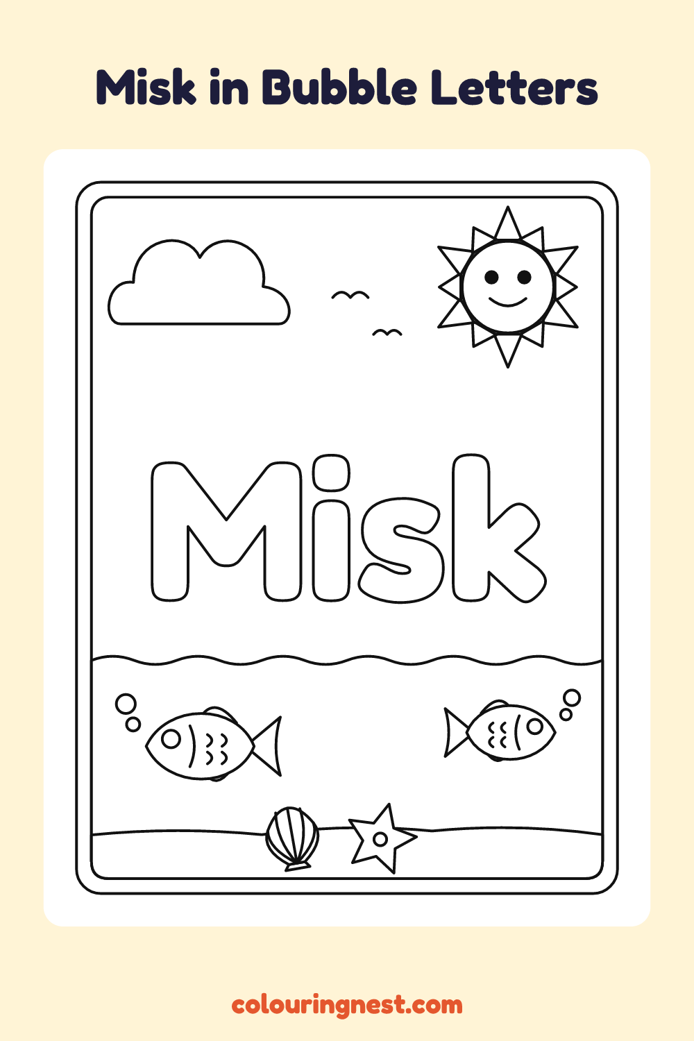 Misk in Bubble Letters coloring page: free printable black-and-white line art
