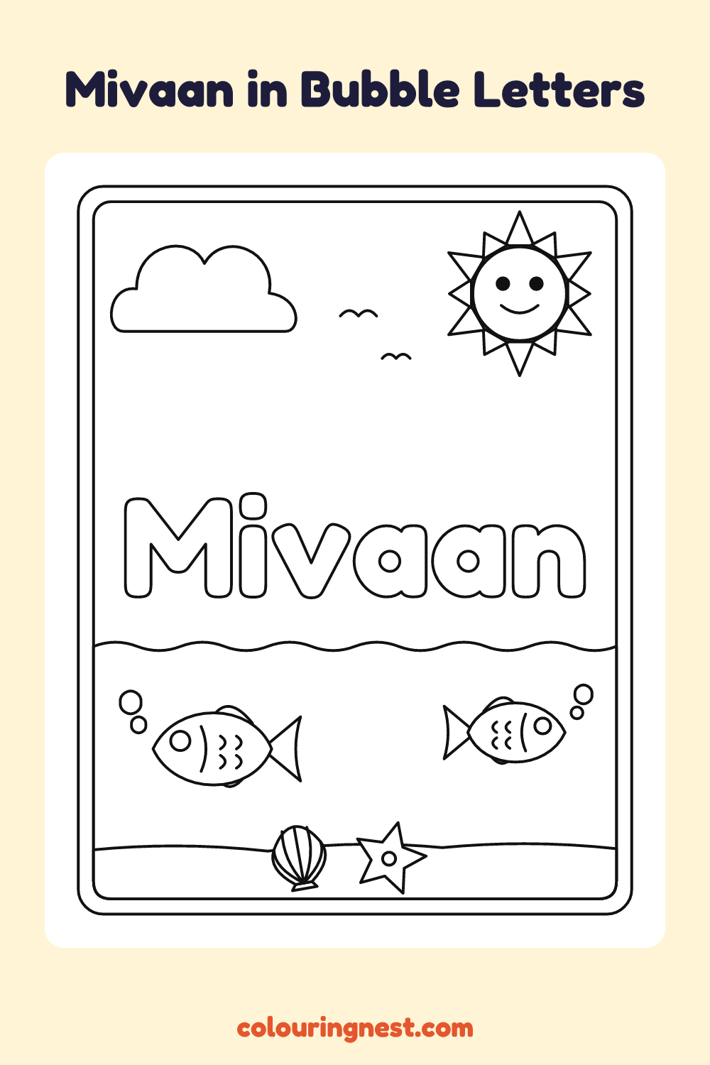 Mivaan in Bubble Letters coloring page: free printable black-and-white line art
