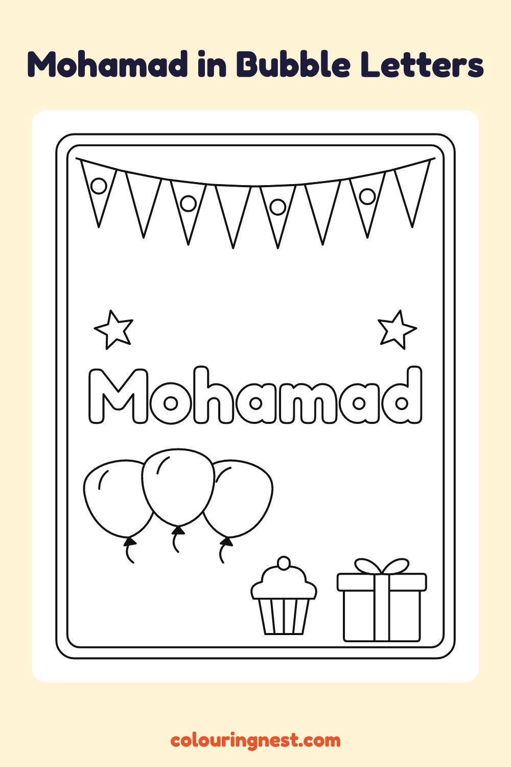 Mohamad in Bubble Letters coloring page: free printable black-and-white line art