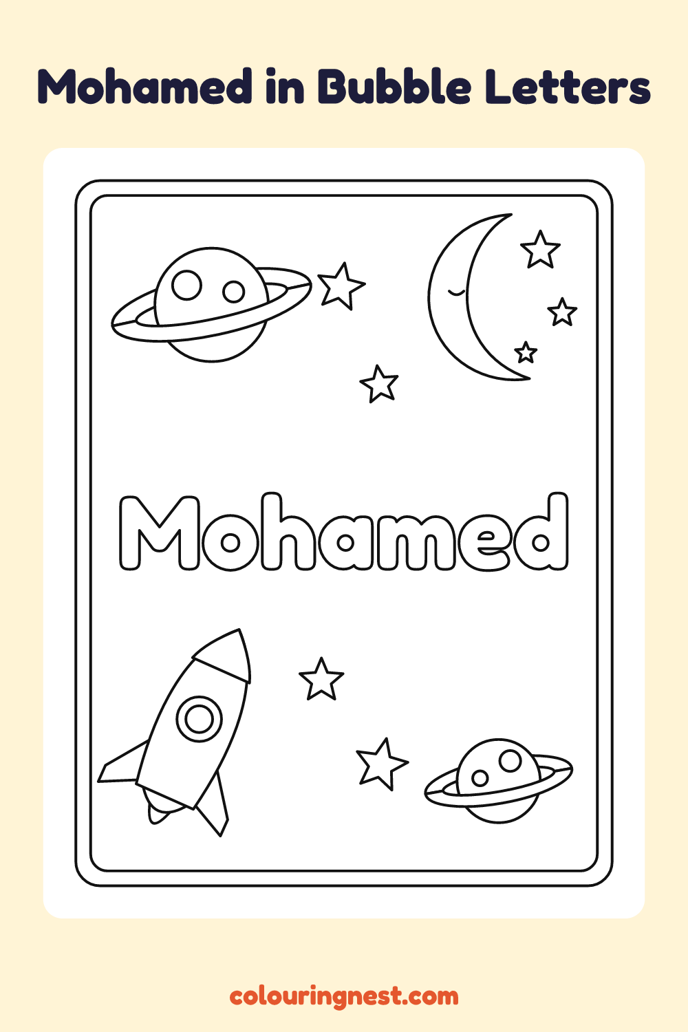 Mohamed in Bubble Letters coloring page: free printable black-and-white line art
