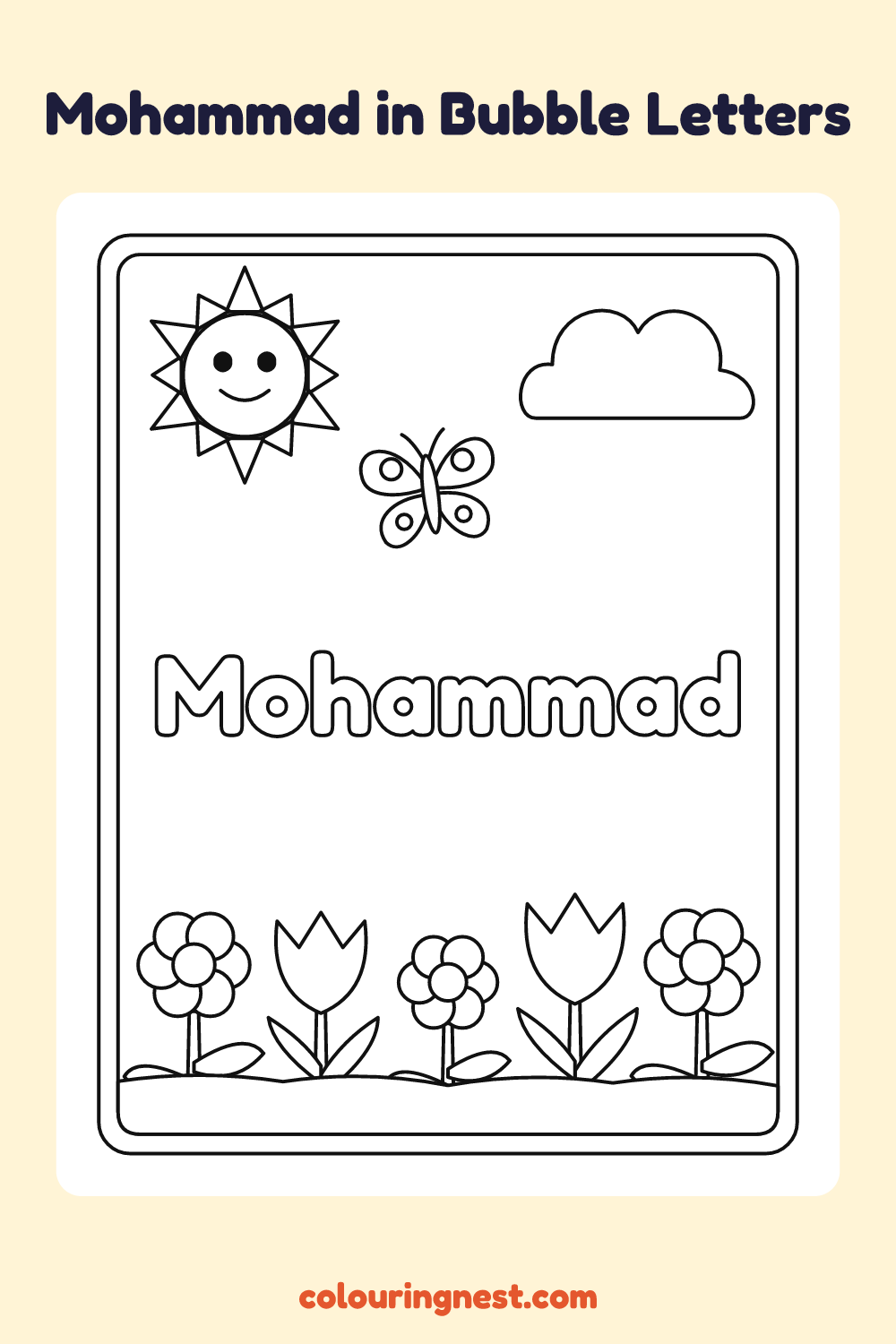 Mohammad in Bubble Letters coloring page: free printable black-and-white line art