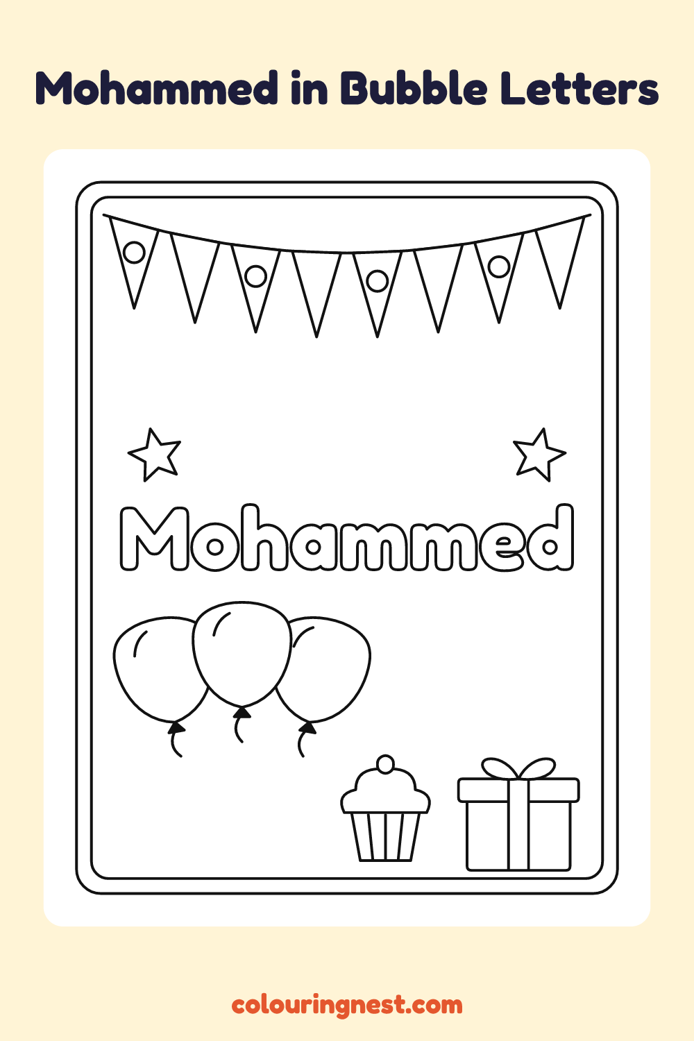 Mohammed in Bubble Letters coloring page: free printable black-and-white line art