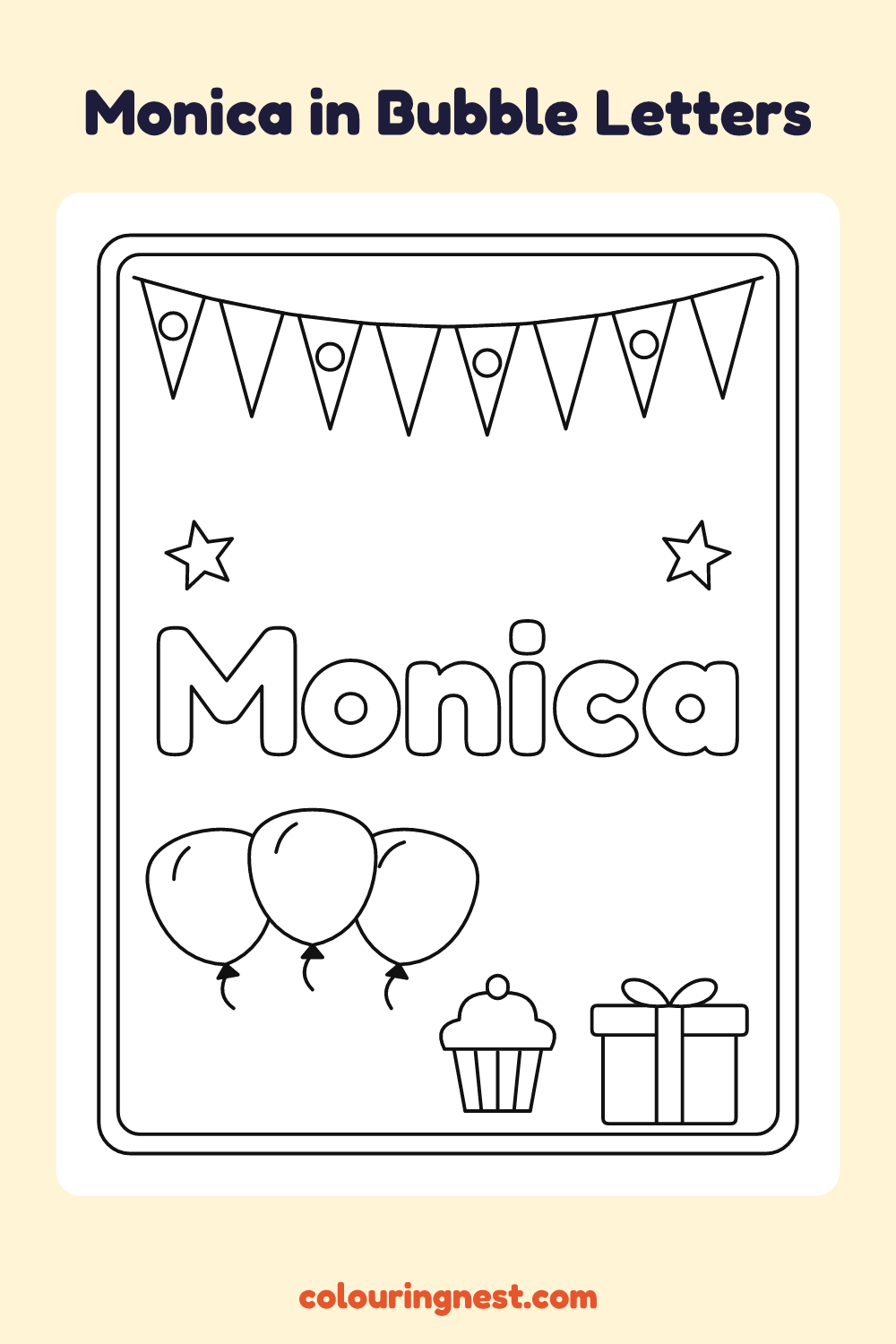 Monica in Bubble Letters coloring page: free printable black-and-white line art