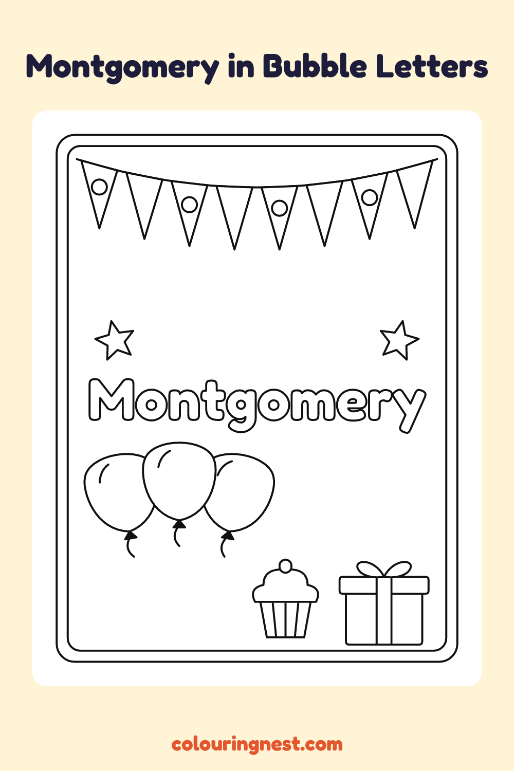 Montgomery in Bubble Letters coloring page: free printable black-and-white line art