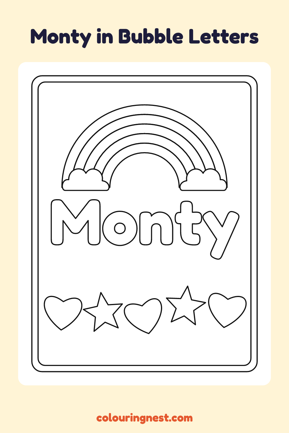 Monty in Bubble Letters coloring page: free printable black-and-white line art