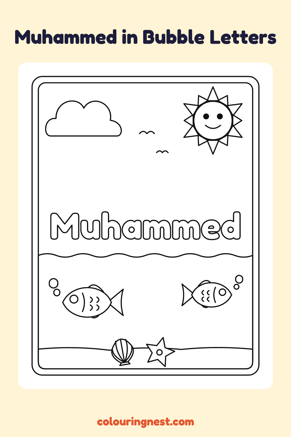 Muhammed in Bubble Letters coloring page: free printable black-and-white line art