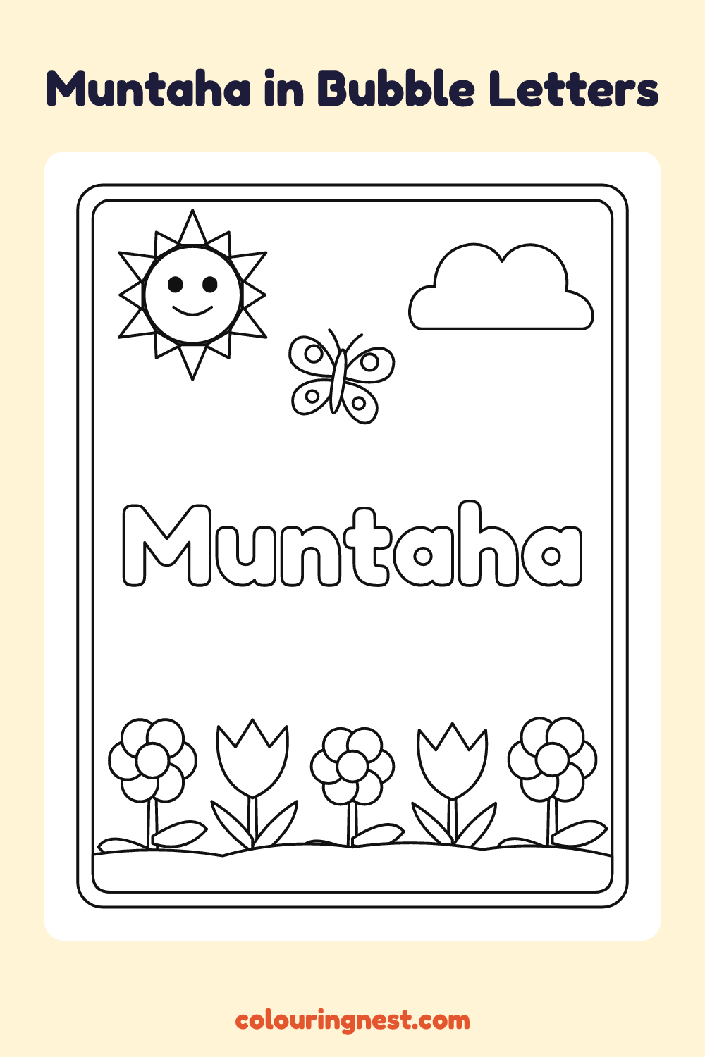 Muntaha in Bubble Letters coloring page: free printable black-and-white line art