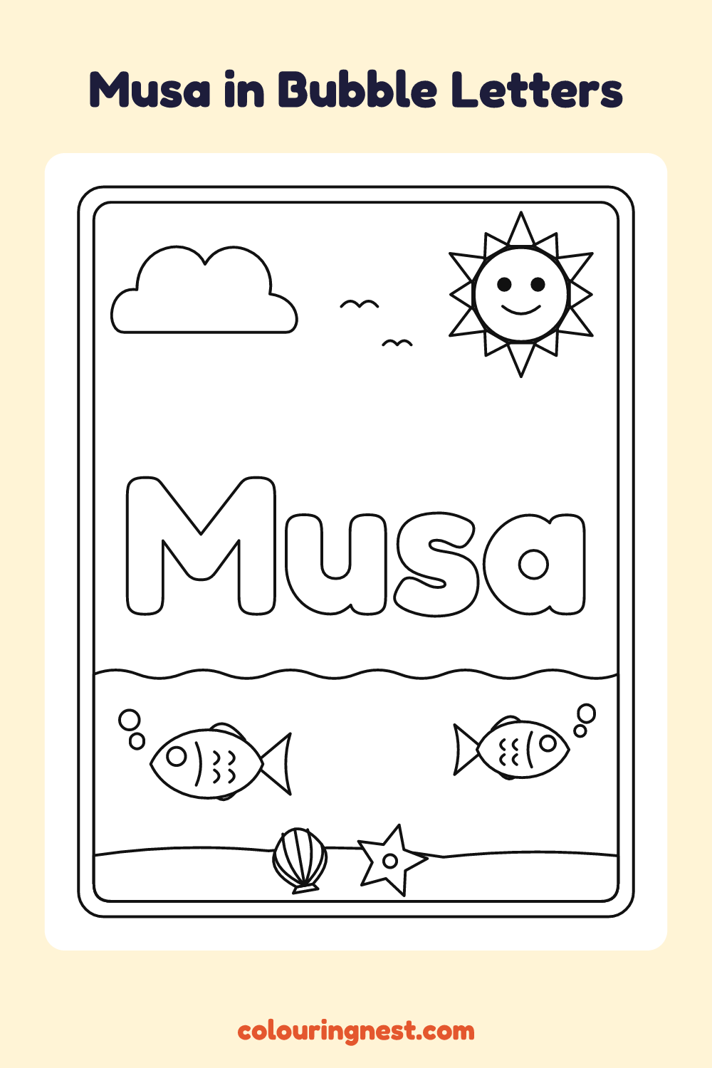 Musa in Bubble Letters coloring page: free printable black-and-white line art