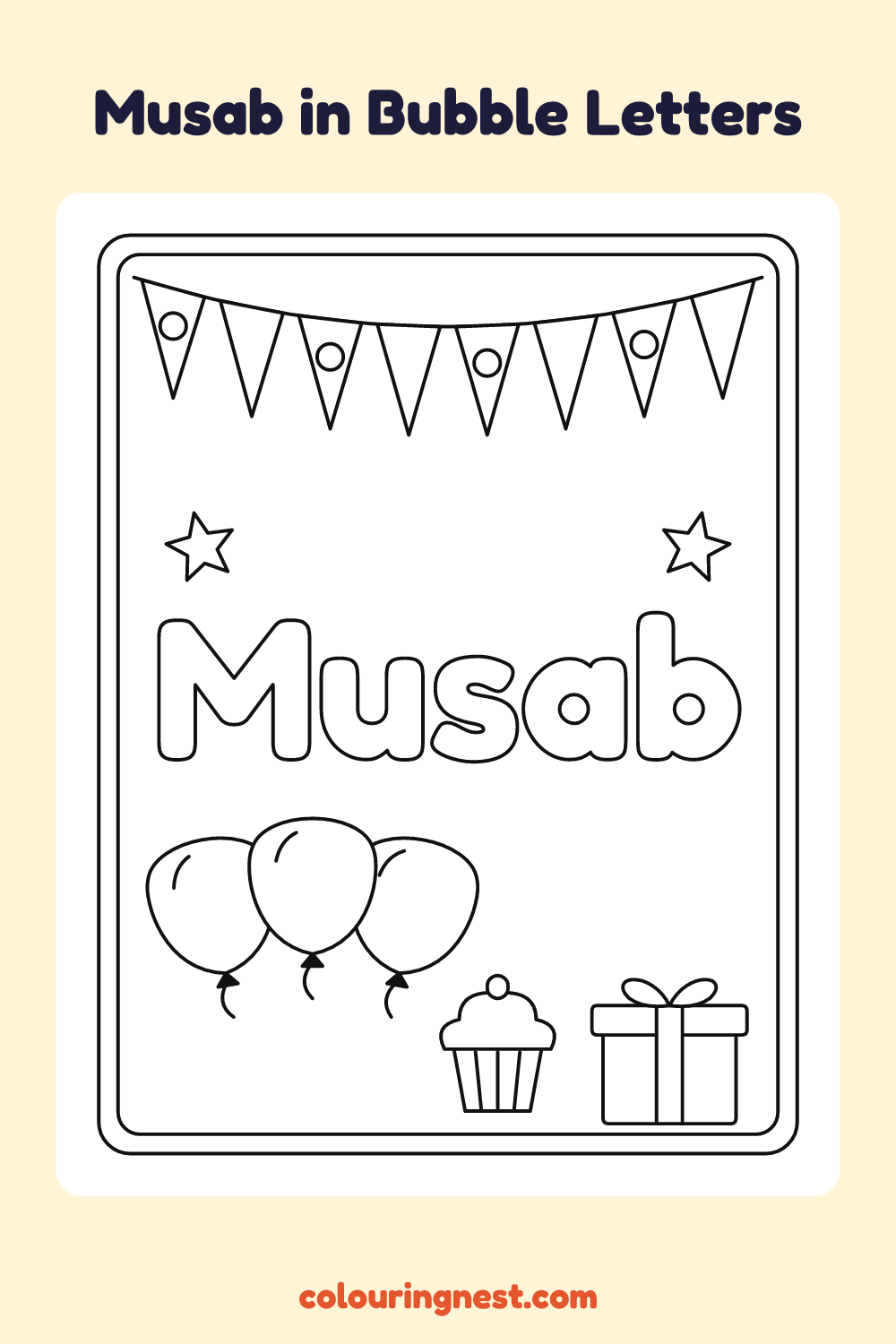 Musab in Bubble Letters coloring page: free printable black-and-white line art