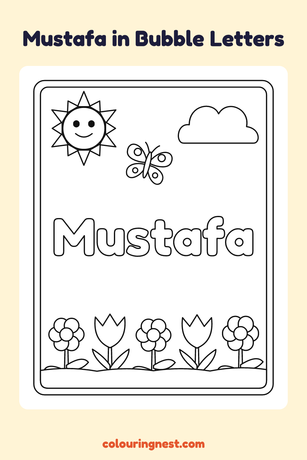 Mustafa in Bubble Letters coloring page: free printable black-and-white line art