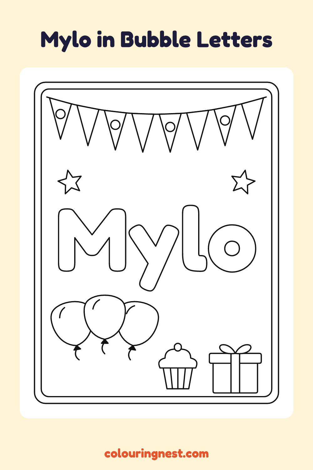 Mylo in Bubble Letters coloring page: free printable black-and-white line art