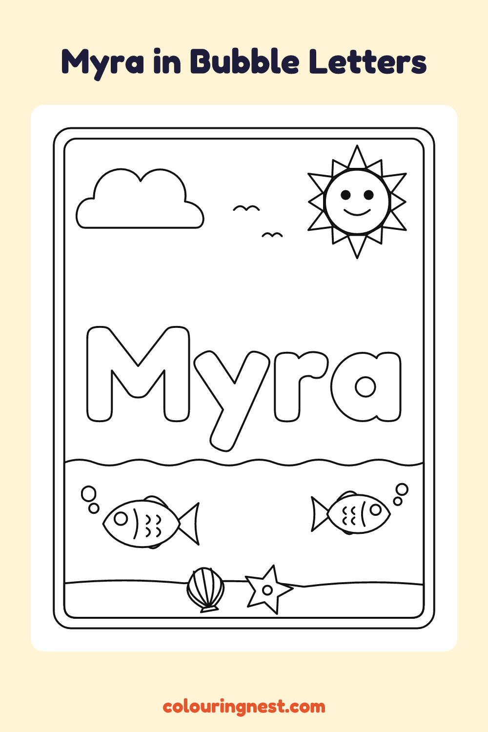Myra in Bubble Letters coloring page: free printable black-and-white line art