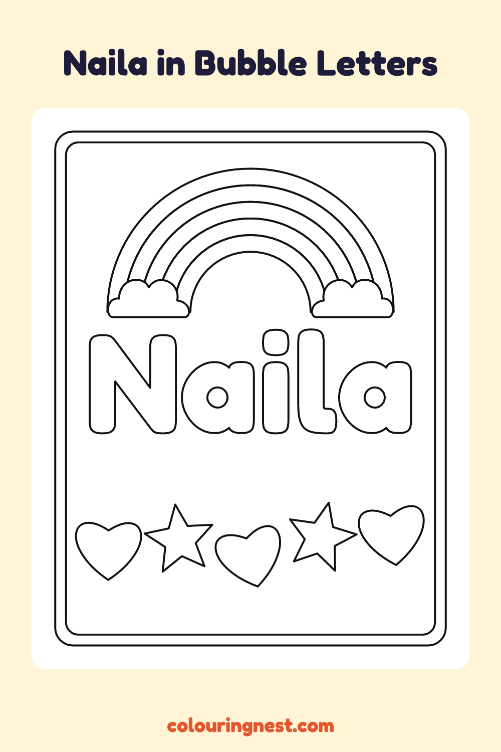 Naila in Bubble Letters coloring page: free printable black-and-white line art