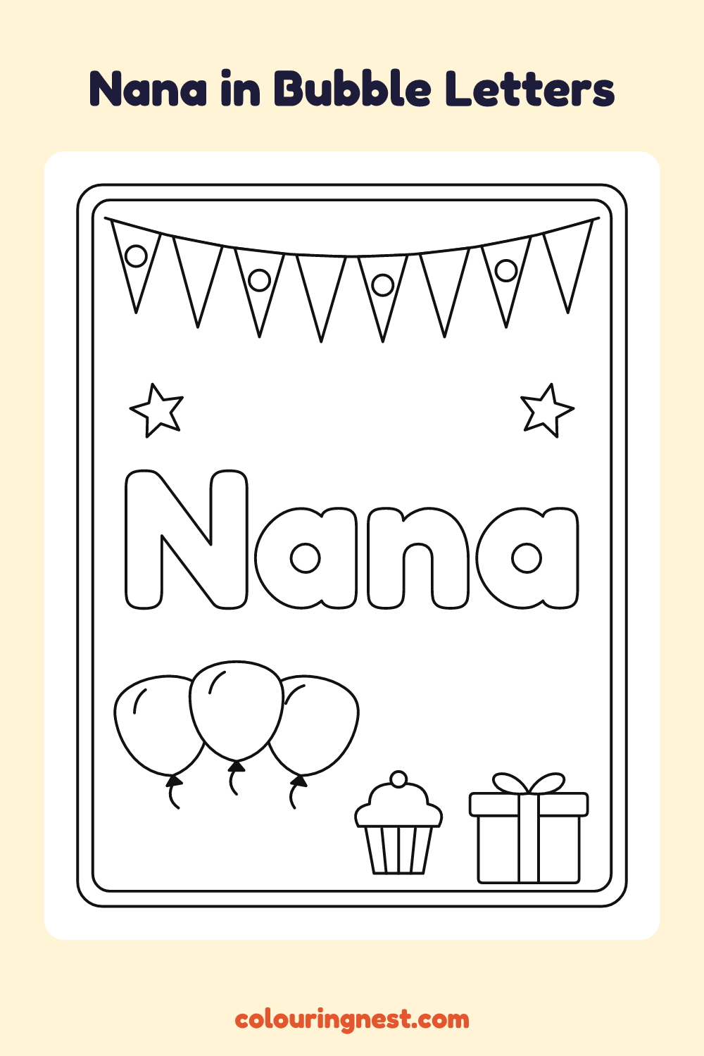 Nana in Bubble Letters coloring page: free printable black-and-white line art