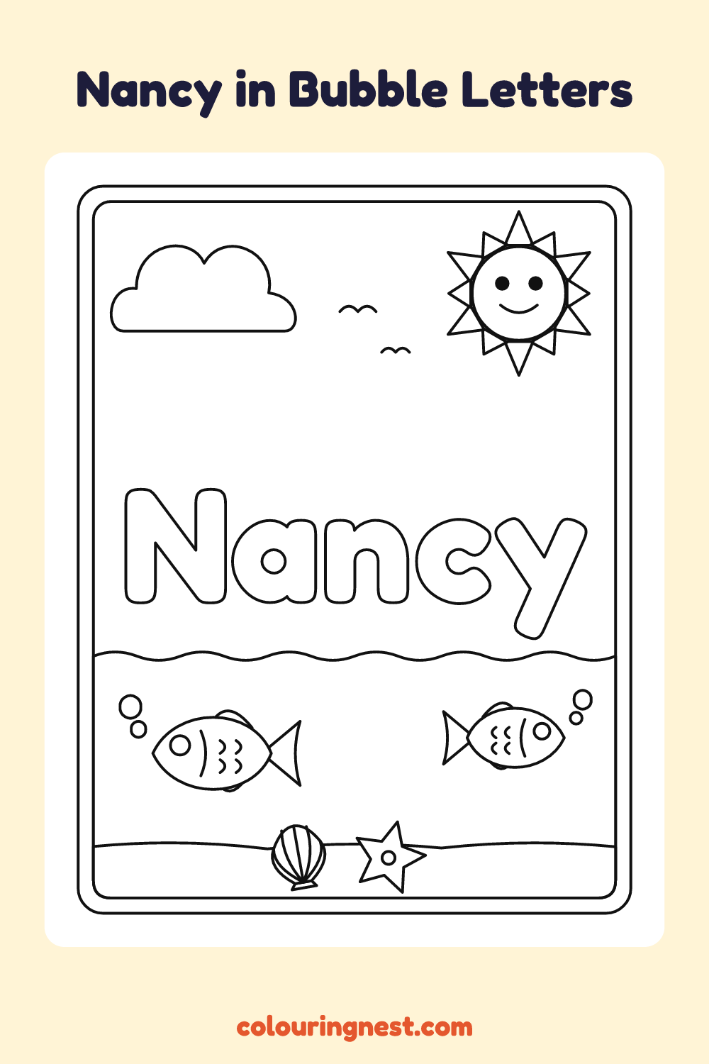 Nancy in Bubble Letters coloring page: free printable black-and-white line art