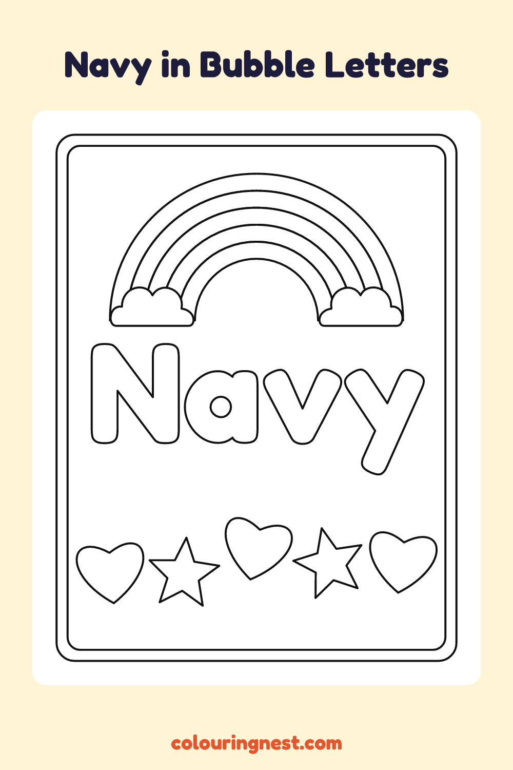 Navy in Bubble Letters coloring page: free printable black-and-white line art