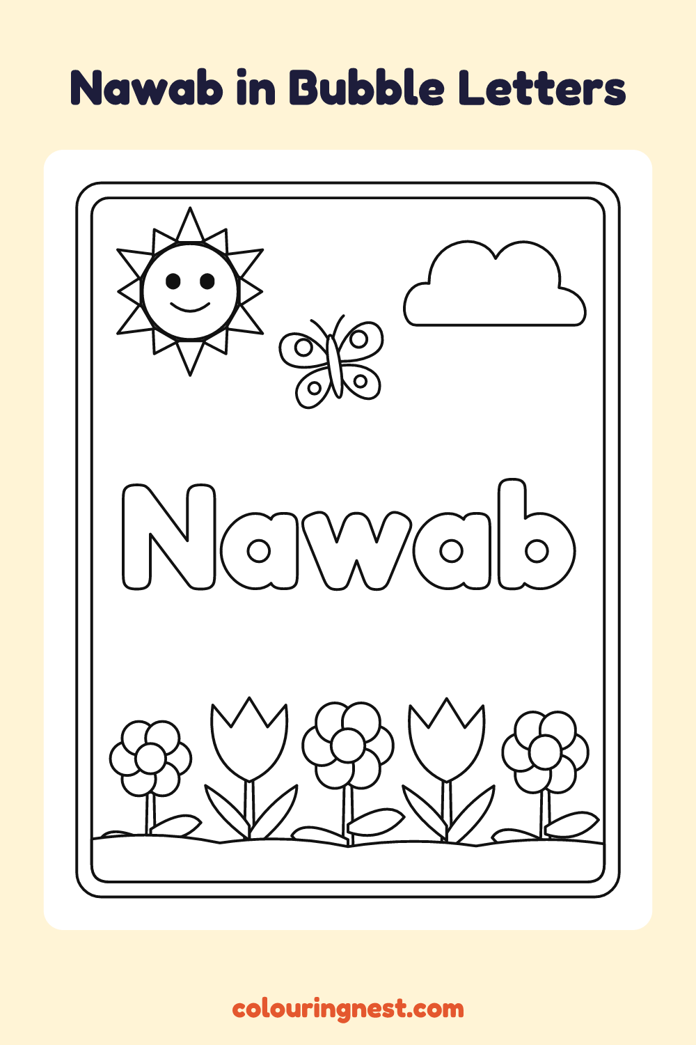 Nawab in Bubble Letters coloring page: free printable black-and-white line art