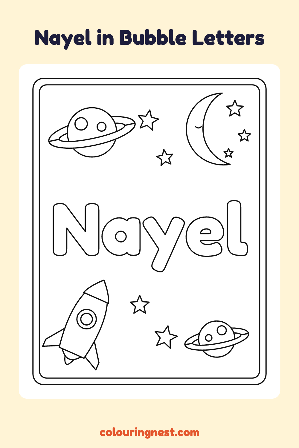 Nayel in Bubble Letters coloring page: free printable black-and-white line art