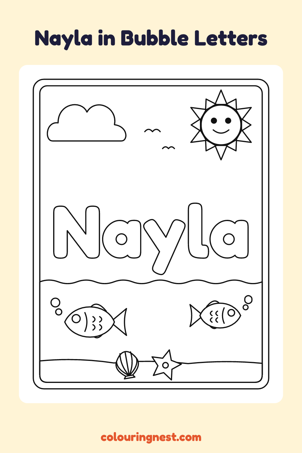 Nayla in Bubble Letters coloring page: free printable black-and-white line art