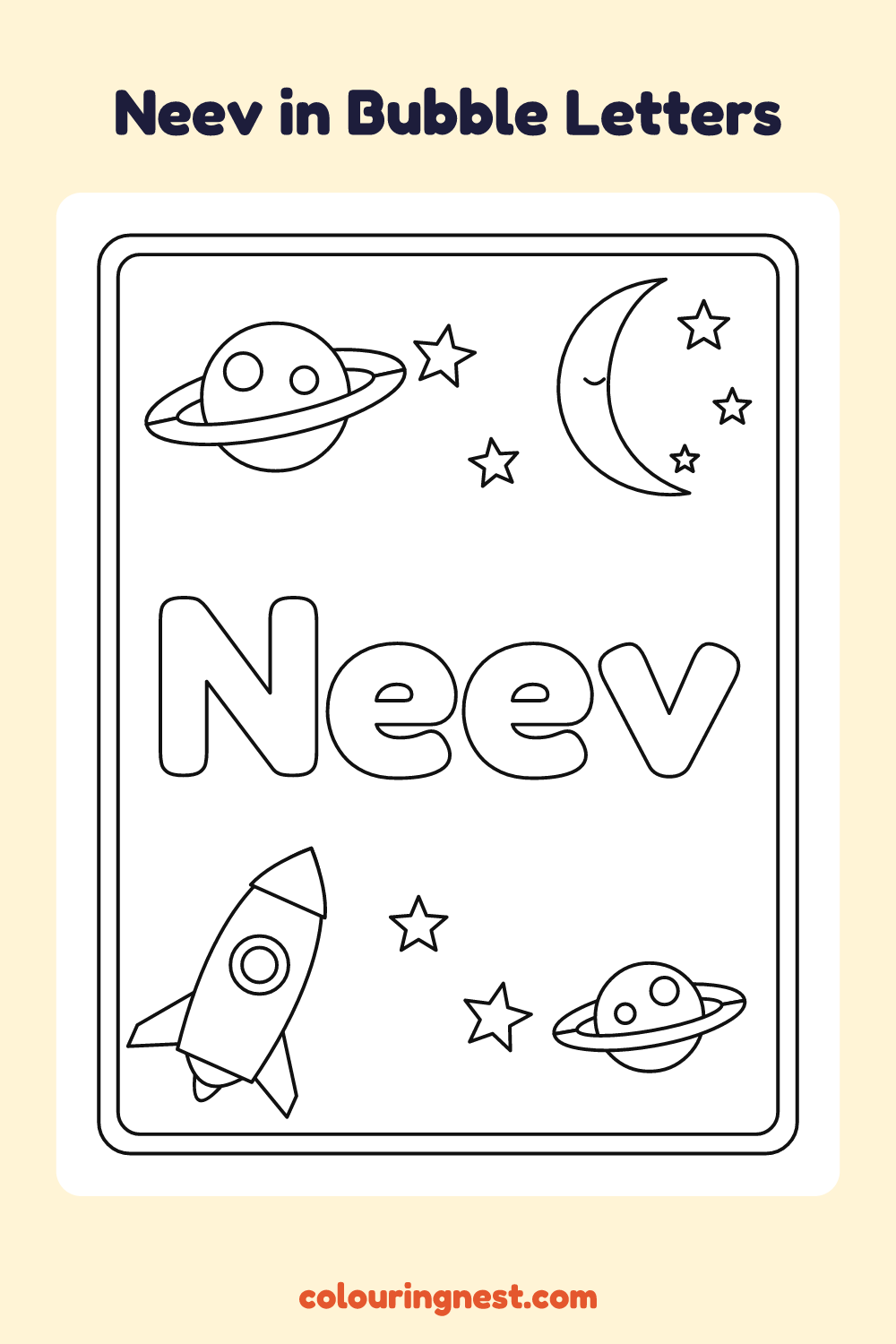 Neev in Bubble Letters coloring page: free printable black-and-white line art
