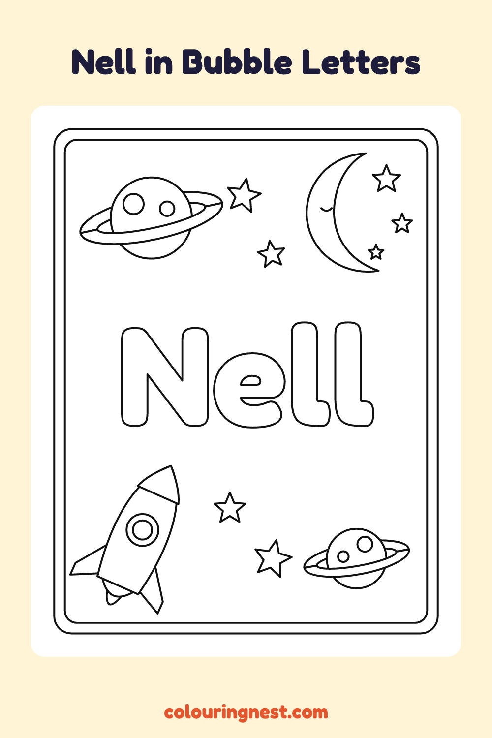 Nell in Bubble Letters coloring page: free printable black-and-white line art