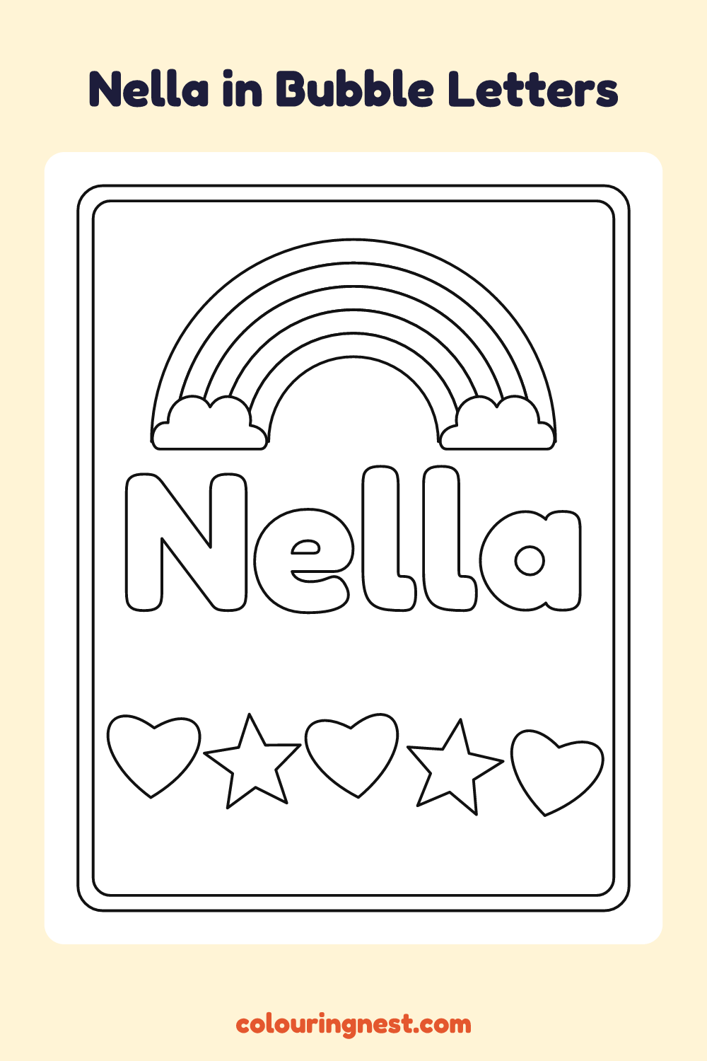 Nella in Bubble Letters coloring page: free printable black-and-white line art