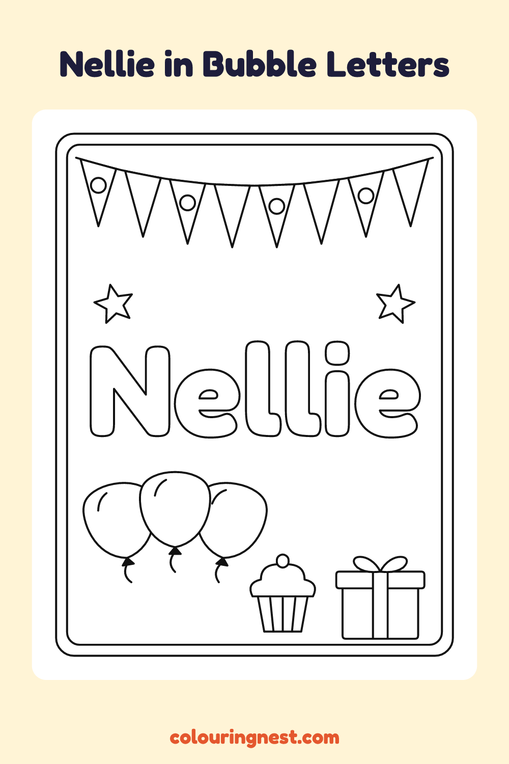 Nellie in Bubble Letters coloring page: free printable black-and-white line art