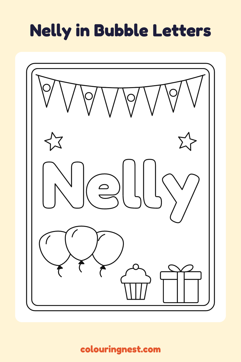Nelly in Bubble Letters coloring page: free printable black-and-white line art