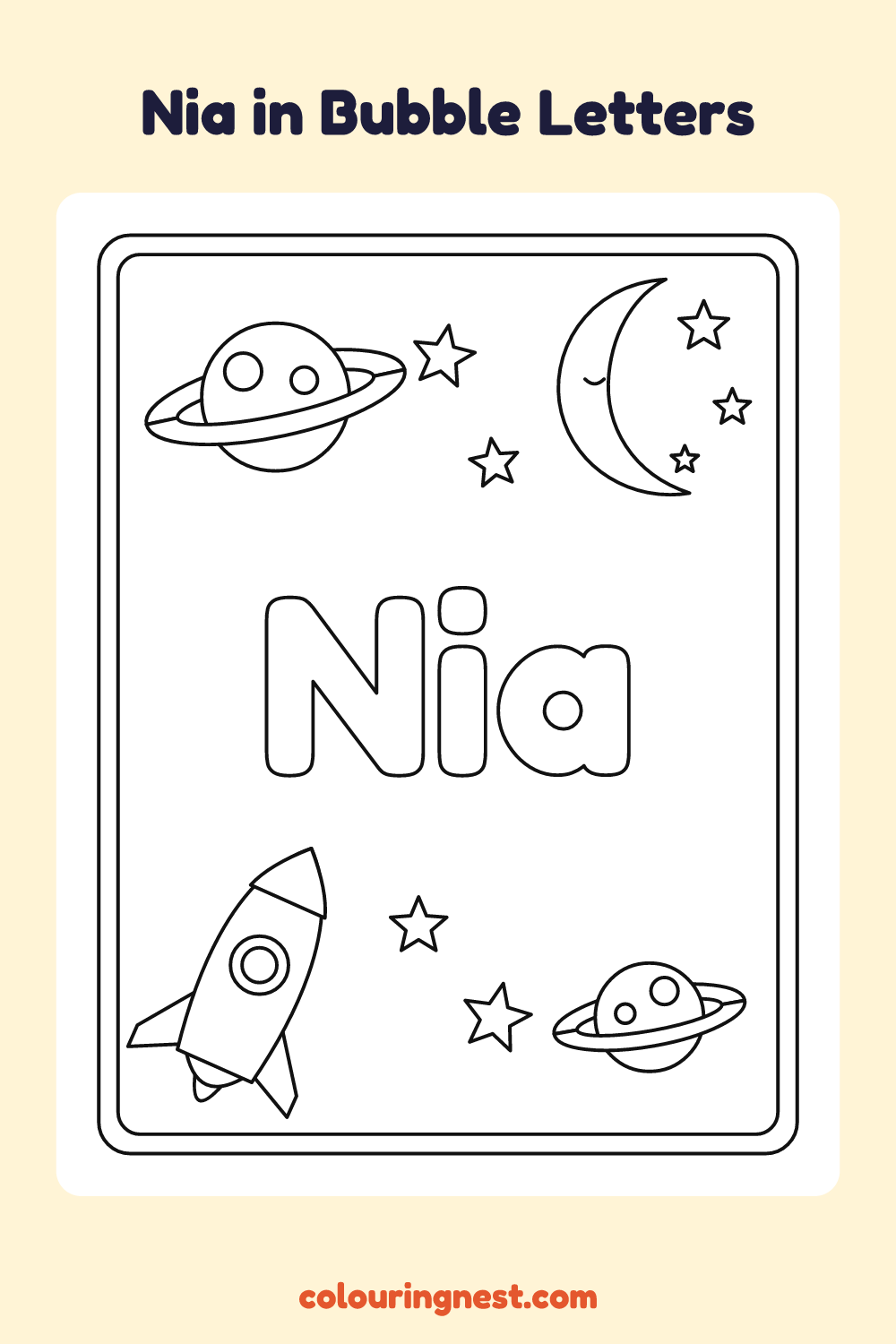 Nia in Bubble Letters coloring page: free printable black-and-white line art