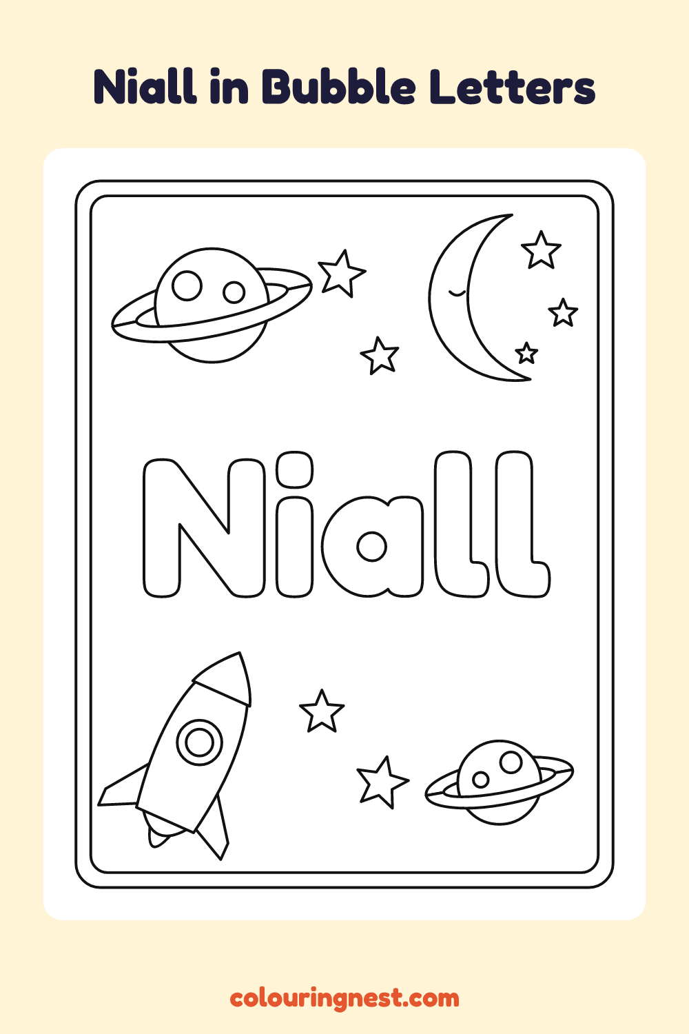 Niall in Bubble Letters coloring page: free printable black-and-white line art