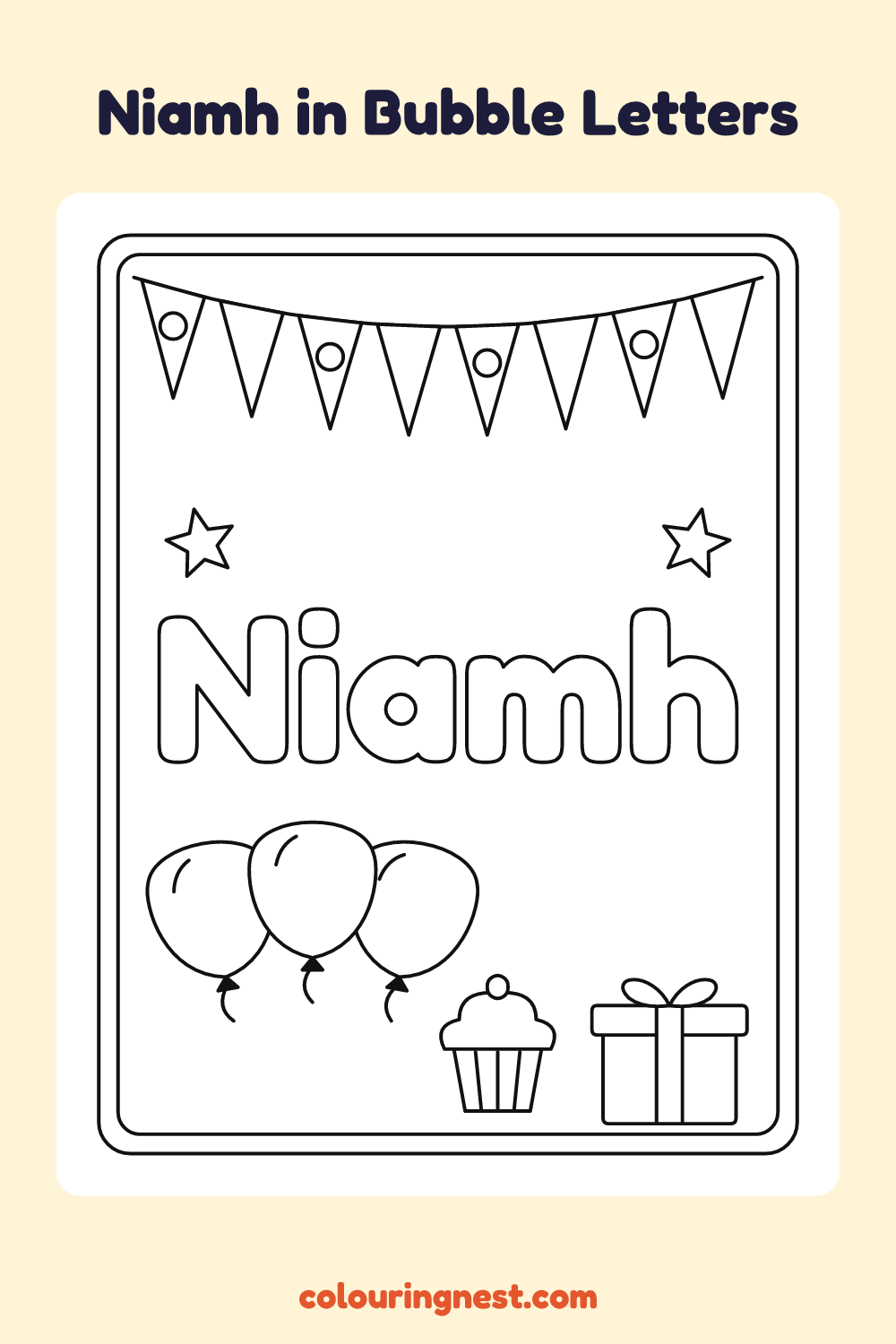 Niamh in Bubble Letters coloring page: free printable black-and-white line art