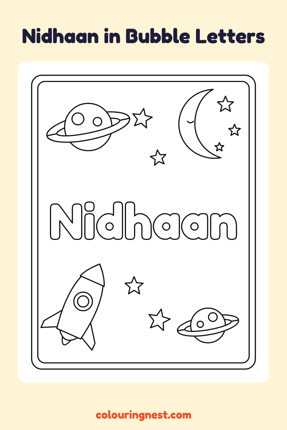 Nidhaan in Bubble Letters coloring page: free printable black-and-white line art