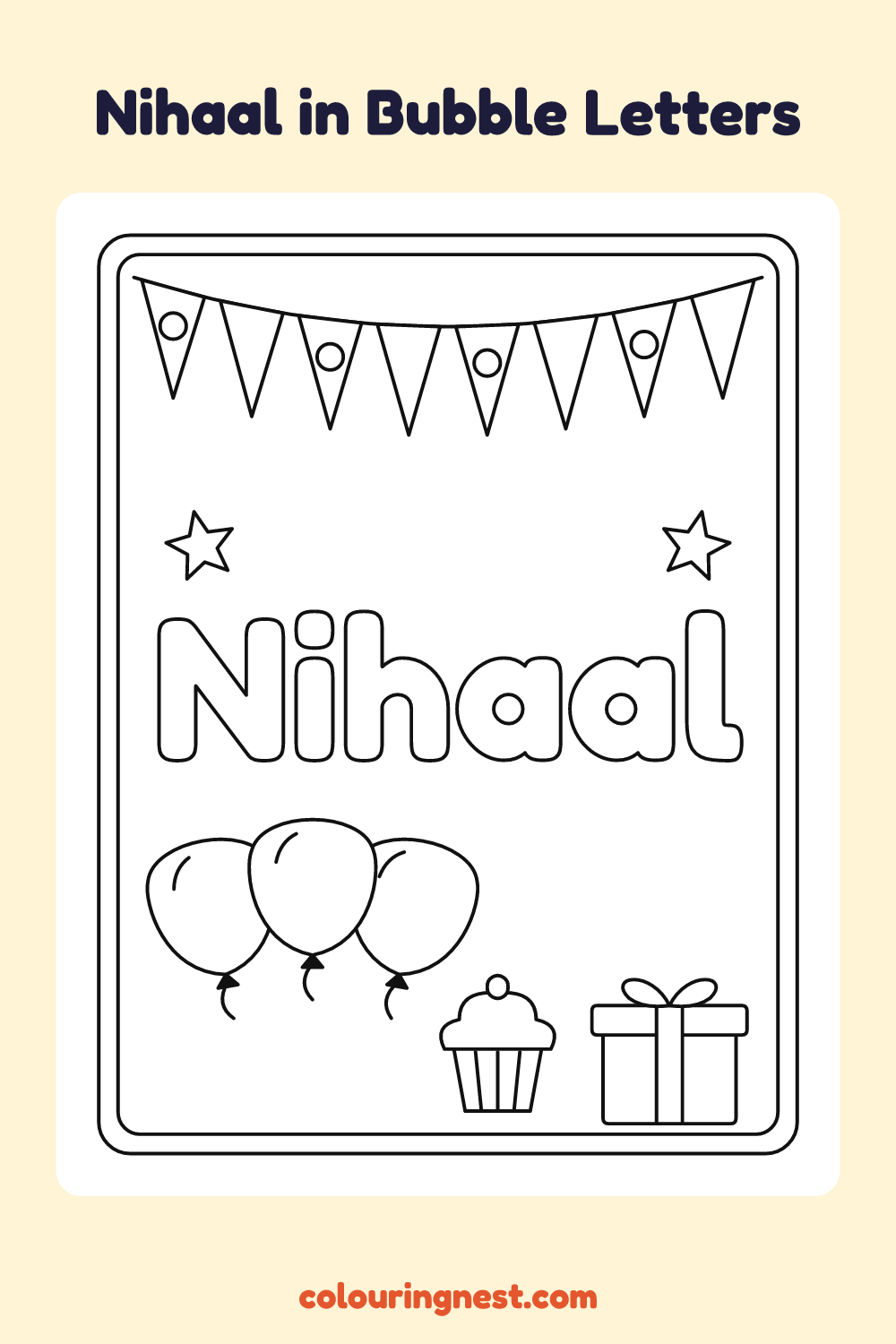 Nihaal in Bubble Letters coloring page: free printable black-and-white line art