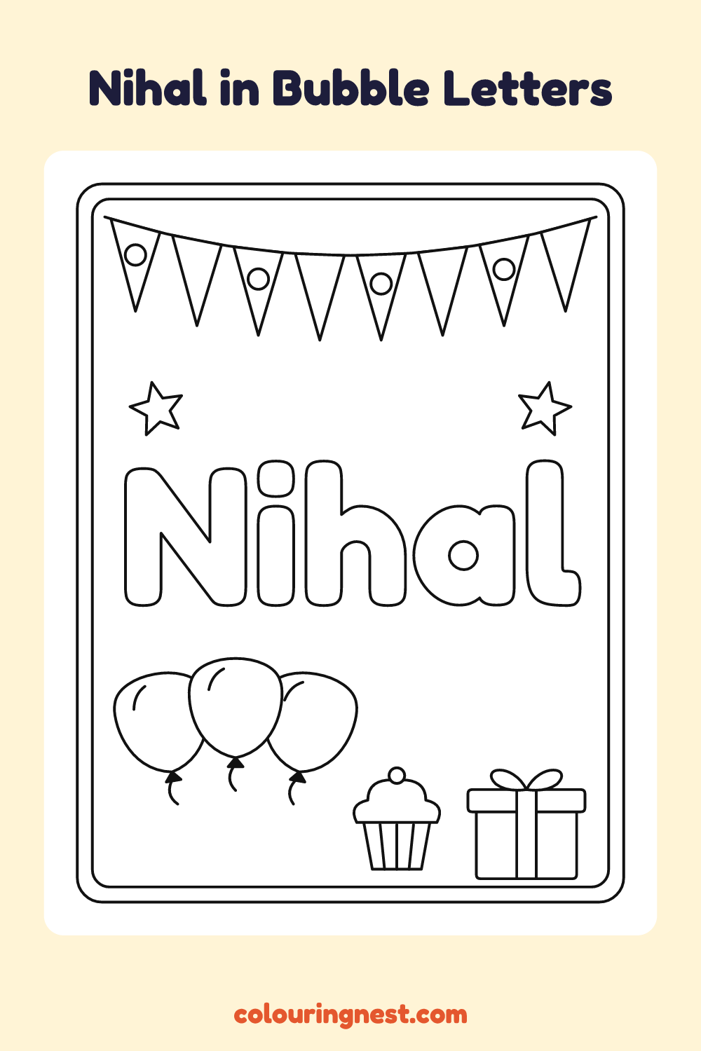 Nihal in Bubble Letters coloring page: free printable black-and-white line art